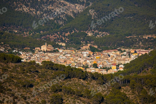 Preview: Elevated view of Andratx town, La Tramuntana mountain range, Majorca, Spain