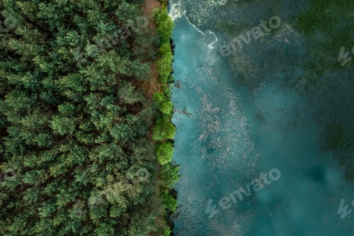 Preview: Aerial drone view of lake and green lush forest