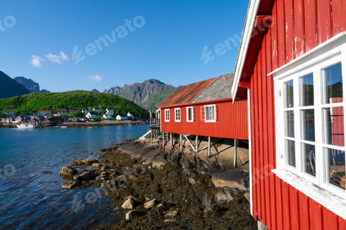 Preview: Norway. Fishermans red rorbu cottage in the Lofoten Islands. Typical Fishermans house.