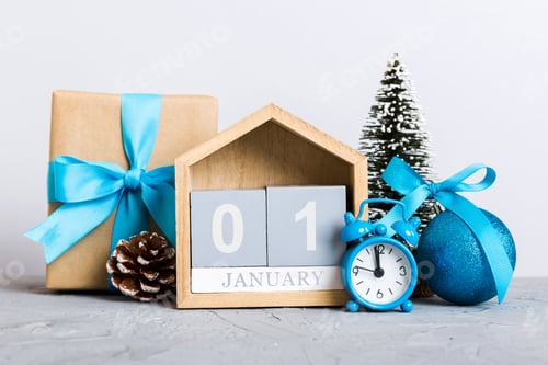 Preview: 1 january. Christmas composition on colored background
