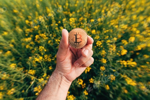 Preview: Farmer holding Bitcoin cryptocurrency coin in canola rapeseed field