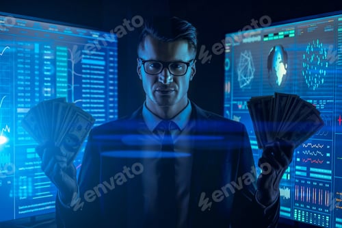Preview: The businessman in suit holds cash in a dark space