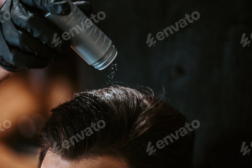 Preview: cropped view of barber holding bottle with white powder above head of man in barbershop