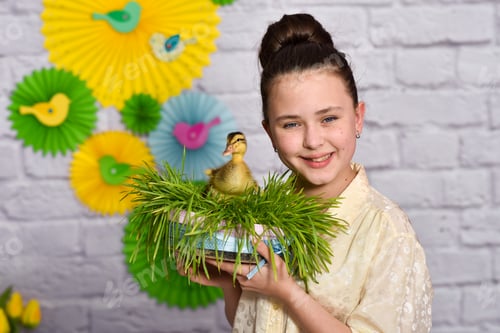 Preview: easter composition. A little duckling on sprouted wheat in the hands of a cute beautiful girl
