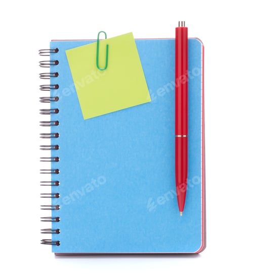 Preview: Blue notebook with notice papers and pen