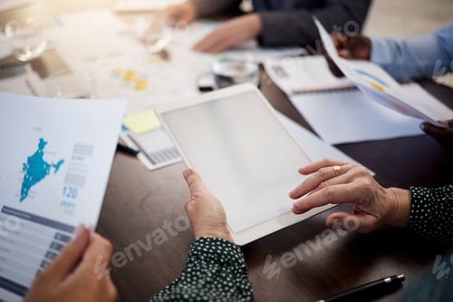Preview: Digital tablet, paperwork and business people planning a corporate project in conference room. Tech