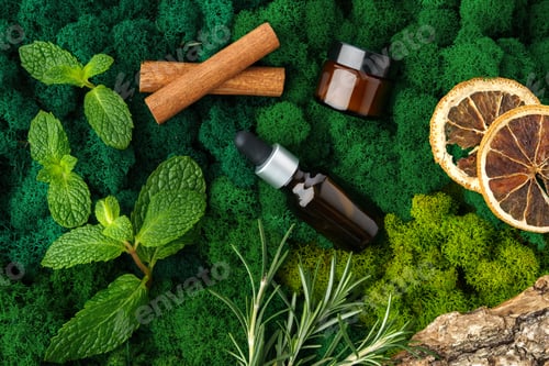 Preview: Set of brown glass bottles beauty products on moss background
