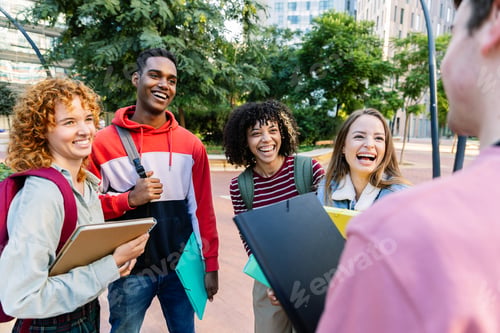 Preview: Group of multiracial students relaxing together outdoors standing at campus park