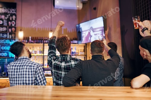 Preview: Football fans watching TV. Group of people together indoors in the pub have fun at weekend time