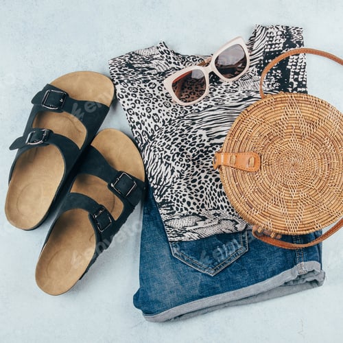 Preview: Vacation, travel concept. Flat lay with summer women's clothing and accessories.
