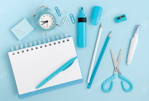Preview: Stationery, school supplies and white blank notepad on pastel blue background. Top view, mockup