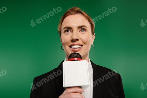 Preview: Confident presenter in sleek black attire delivers a dynamic broadcast on green backdrop