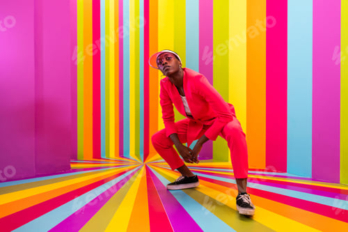 Preview: Beautiful young woman dancing and having fun inside a rainbow box room