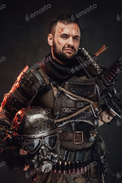 Preview: Serious and brutal apocalyptic soldier with shotgun and helmet