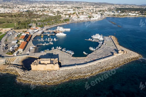 Preview: Aerial drone scenery yacht marina. Drone view from above. Paphos harbour, Cyprus, Europe