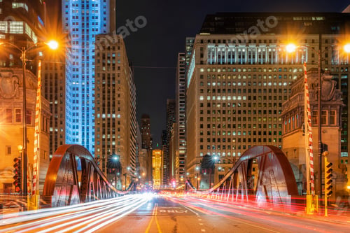 Preview: Scene of Chicago riverwalk cityscape at the twilight time, USA downtown skyline,
