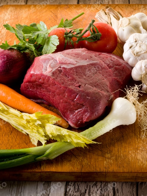 Preview: meat with vegetables ingredients over cutting board