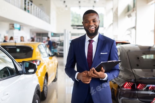 Preview: Car Dealer. Smiling Young Black Salesman In Suit At Workplace In Showroom