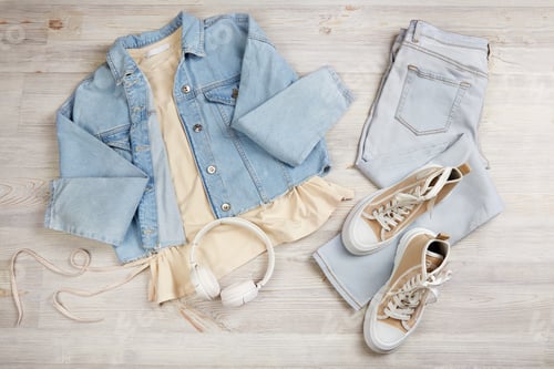 Preview: A blue denim jacket with a beige T-shirt, jeans and sneakers.