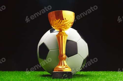 Preview: Shiny golden trophy placed on a soccer ball on green grass background