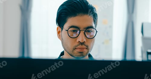 Preview: Asia male freelance eyeglasses typing write prompt AI bot IT app program nomad.