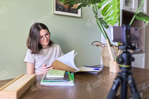 Preview: Teenage girl studies at home using smartphone, video call conference