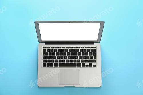 Preview: Modern laptop with blank screen on light blue background, top view