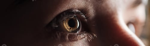 Preview: close up view of human bright eye looking away in darkness, panoramic shot