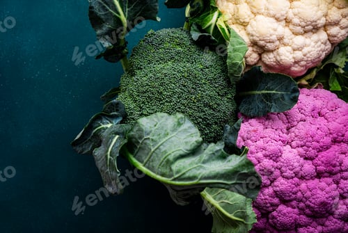Preview: Purple and white cauliflower, broccoli cabbage from farm market on old rustic green table, top view