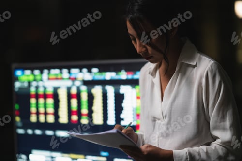 Preview: ํYoung businesswoman working late night stress out with project research problem on laptop.