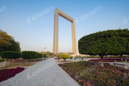 Preview: Dubai, United Arab Emirates, February 16th, 2021: Dubai Frame building at sunset