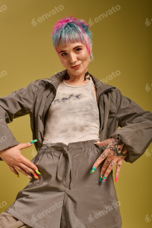 Preview: Young woman with colorful dyed hair showcases fashion in vibrant studio setting