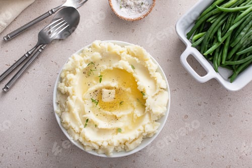 Preview: Mashed potatoes in a serving bowl, traditional side dish for dinner or celebration