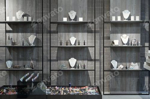Preview: Part of interior of luxury jewelry store with necklaces on displays