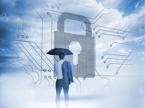 Preview: Businessman Under An Umbrella Looking At A Big Padlock With Circuit Board And Blue Sky On The