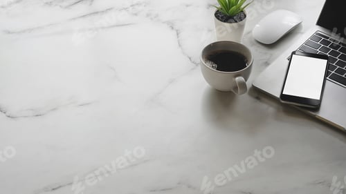 Preview: Mockup smartphone on Office desk with marble table.