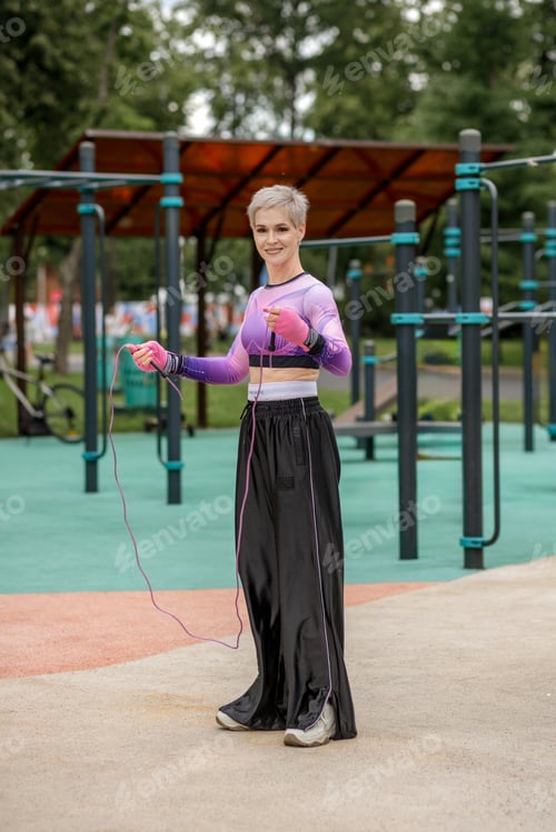 Preview: An elderly woman in sportswear jumps rope on a sports ground. Exercises with sports equipment