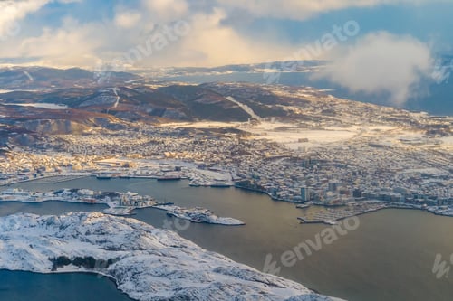 Preview: Lofoten islands, Nordland county, Norway, Europe. White snowy mountain hills and trees, nature