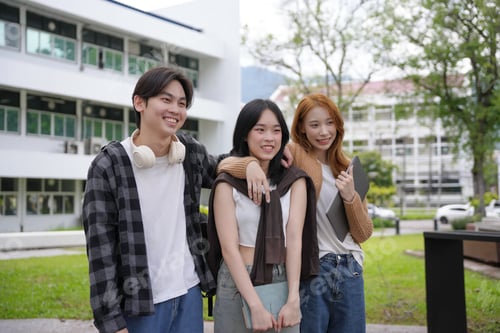 Preview: Three cheerful asian students standing together on a campus lawn, enjoying their time at university