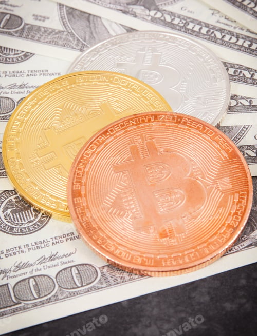 Preview: Bitcoin coins as symbol of cryptocurrency and dollar, modern finance concept