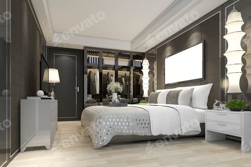 Preview: 3d rendering luxury modern bedroom suite tv with wardrobe and walk in closet