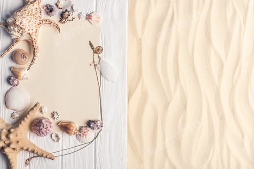 Preview: Summer travel template with seashells on light sand