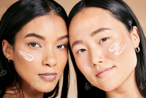 Preview: Skincare, beauty cream and diversity women portrait in studio for dermatology, makeup and cosmetics