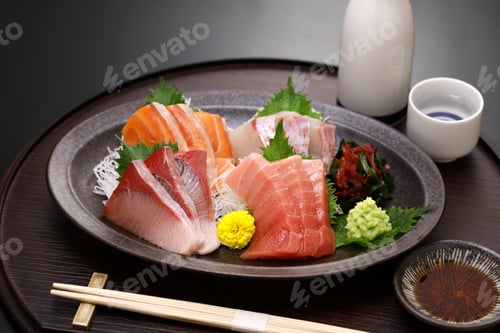 Preview: assorted sashimi; tuna(medium fatty), salmon, yellowtail, and sea bream. authentic Japanese dining.