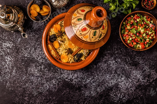 Preview: Traditional moroccan tajine of chicken with dried fruits and spices.