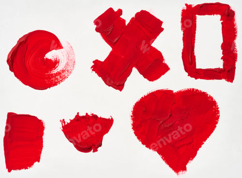 Preview: Various strokes of red gouache paint on a white sheet of paper