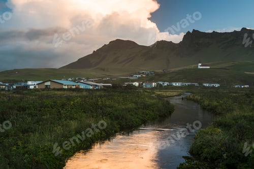Preview: Vik Town and Vik i Myrdal Church at sunrise, South Region (Sudurland), Iceland, Europe