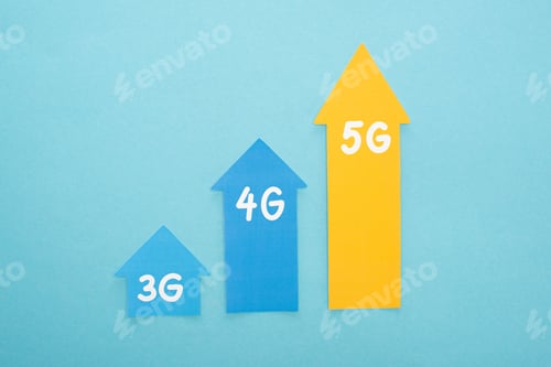 Preview: top view of 3g, 4g and 5g arrows on blue background