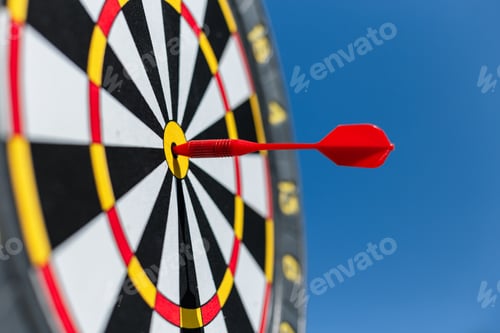 Preview: Marketing time concept. Targeting the business. red target and dart arrows on blue sky background