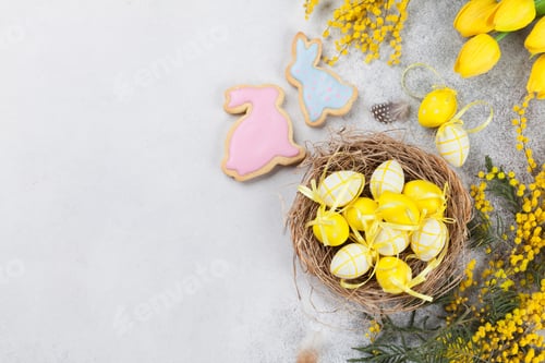 Preview: Quails eggs in nest and yellow flowers. Easter greeting card